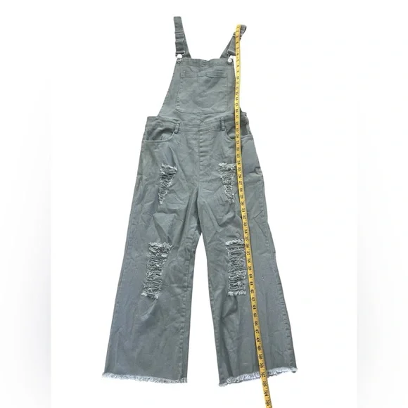 Distressed Wide Leg Denim Overalls Gray Size L Trendy Casual - Picture 3 of 7